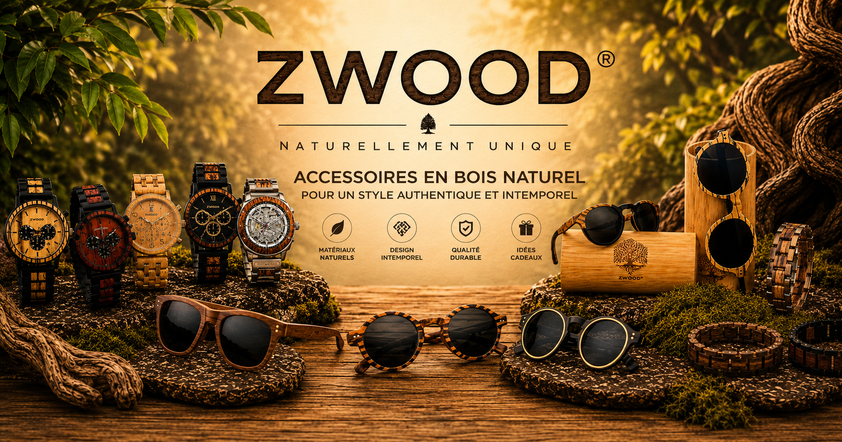 Lunettes de soleil en bois, montres en bois et bracelets en bois Zwood® dans un décor naturel