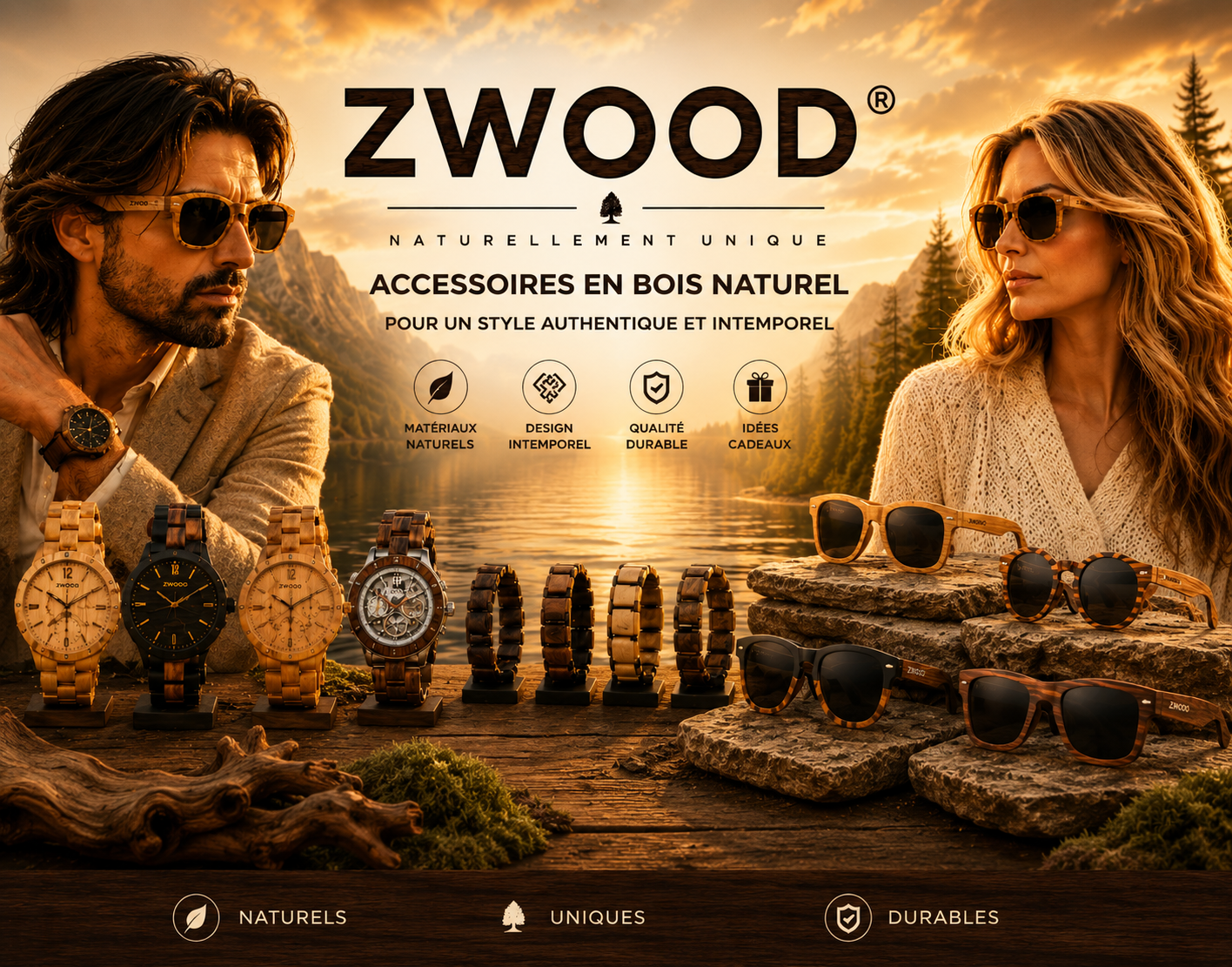 Zwood® - lunettes de soleil en bois, montres en bois et bracelets en bois naturels dans un univers premium inspiré de la nature.
