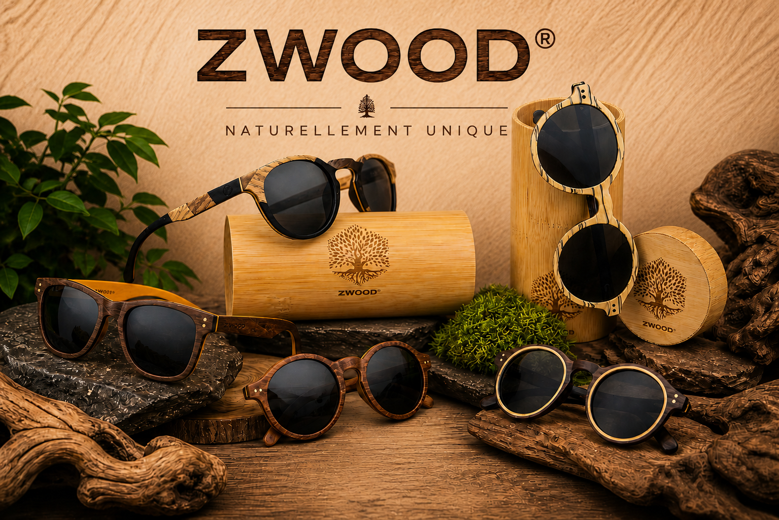 Lunettes de soleil avec branches en bois véritable de zebrano, verres polarisés UV400 catégorie 3, protection UVA/UVB et charnières flexibles. Un modèle léger, confortable et unique signé Zwood.