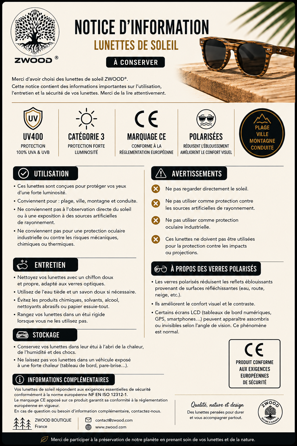 Mode d’emploi et précautions d’utilisation des lunettes de soleil Zwood® avec normes CE, informations de sécurité et caractéristiques techniques conformes à la réglementation européenne.