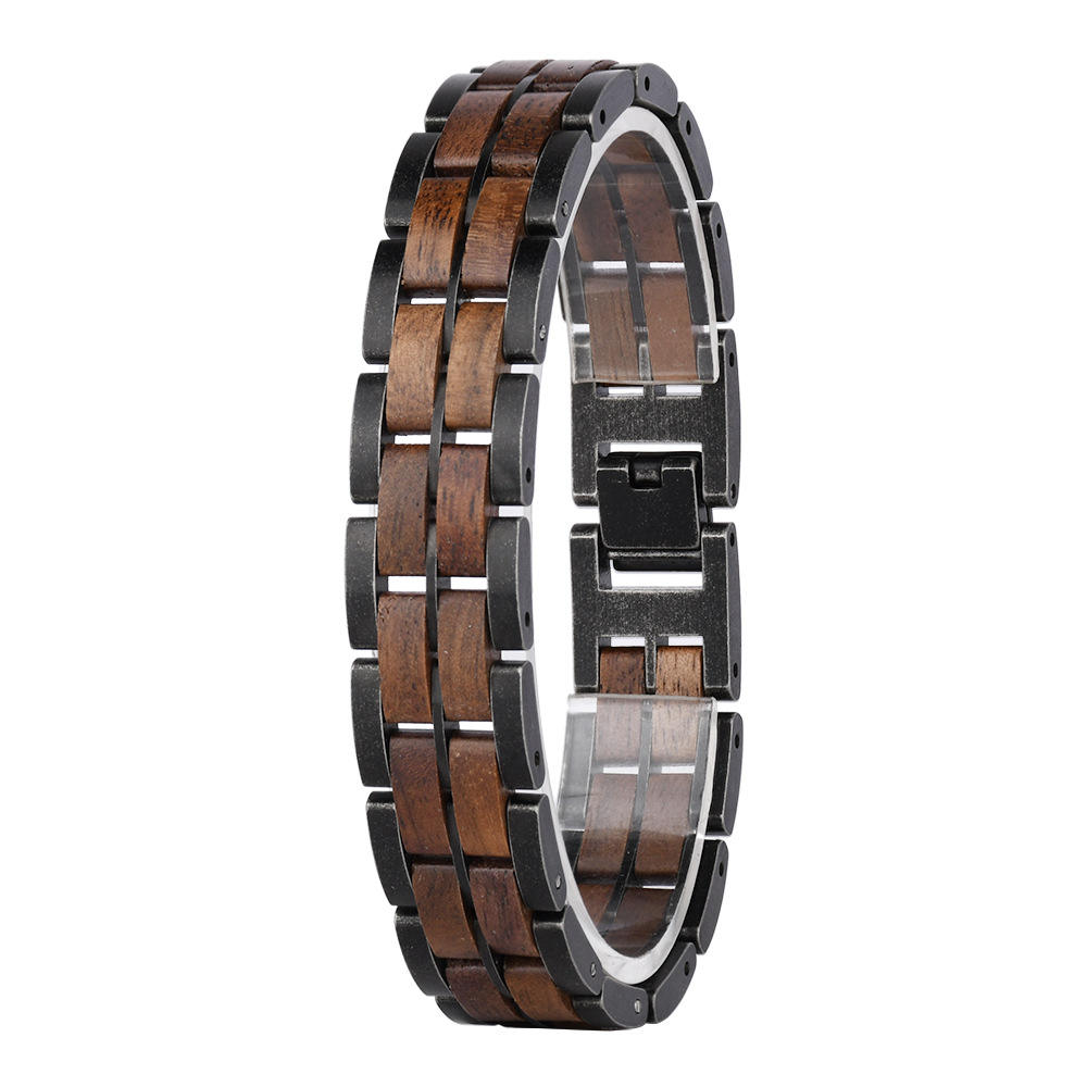 Bracelet homme Zwood® en bois de noyer naturel et acier inoxydable noir avec fermoir sécurisé