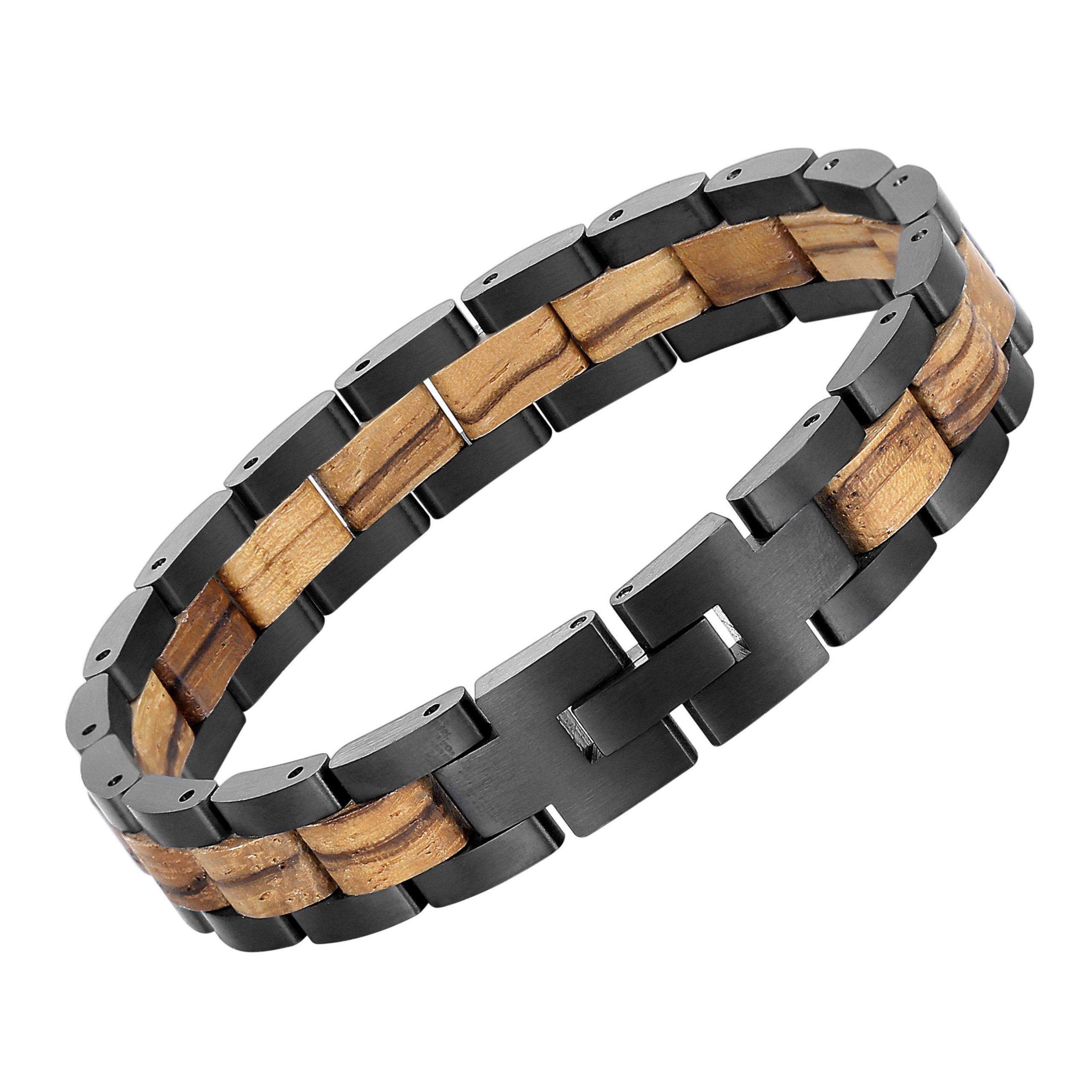 Bracelet homme Zwood® en bois de zebrano naturel et acier inoxydable noir avec fermoir sécurisé