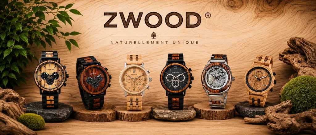 Collection de montres en bois Zwood® pour homme et femme avec différents cadrans et essences de bois.