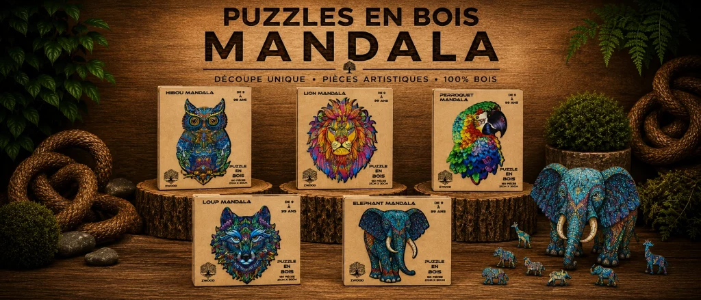 Collection de puzzles en bois mandala Zwood® représentant un hibou, un lion, un perroquet, un loup et un éléphant.