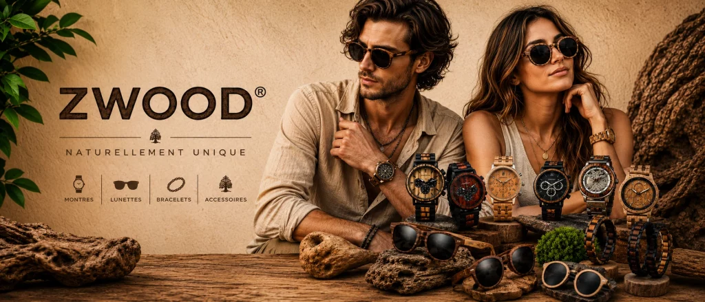Bannière Zwood® avec un homme et une femme portant des lunettes de soleil en bois, entourés de montres en bois et de bracelets en bois.