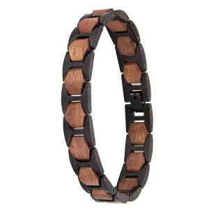 Bracelet Zwood® en acier inoxydable noir avec inserts hexagonaux en bois de noyer, largeur 12 mm