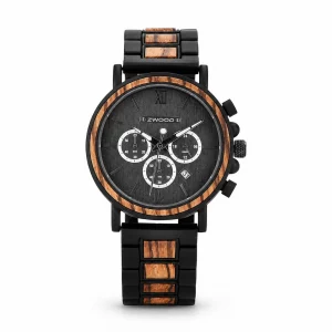 Montre homme Zwood® noire avec bracelet et lunette ornés d’inserts en bois naturel